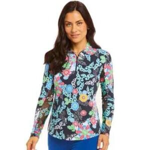 IBKUL Women's Gia Floral Print Polo Long Sleeve Quarter Zip Sun Shirt Size M